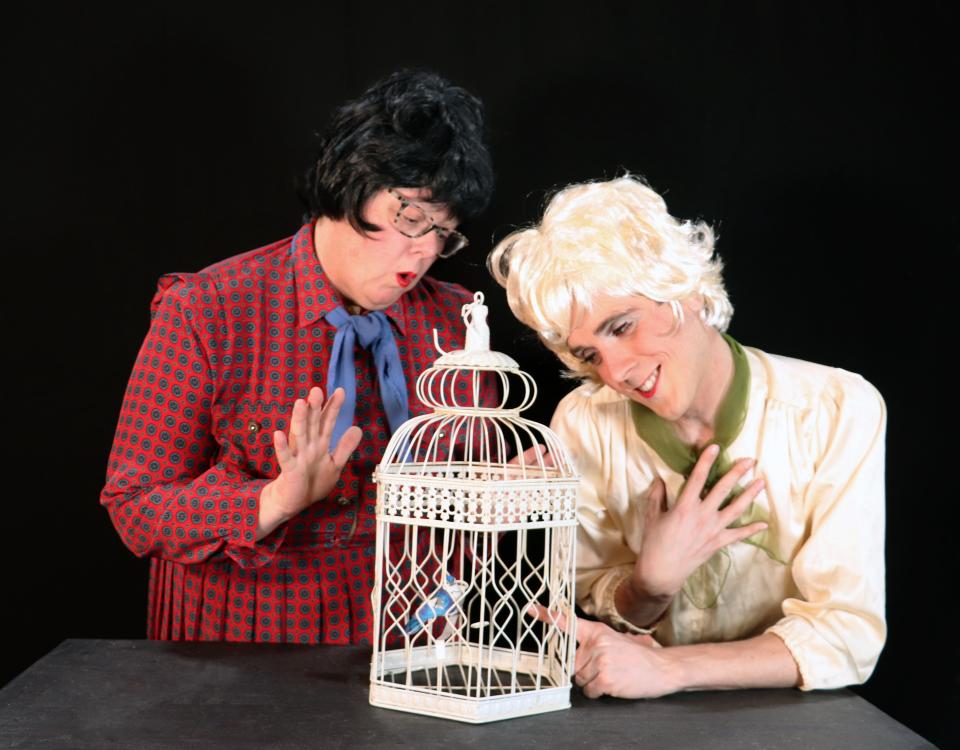 Mrs. Bundy (Holly Zammerilla) warns Melanie Daniels (Steven Michael Kennedy) that the birds bite in a scene from Lab Theater's "The Birds: A Parody."