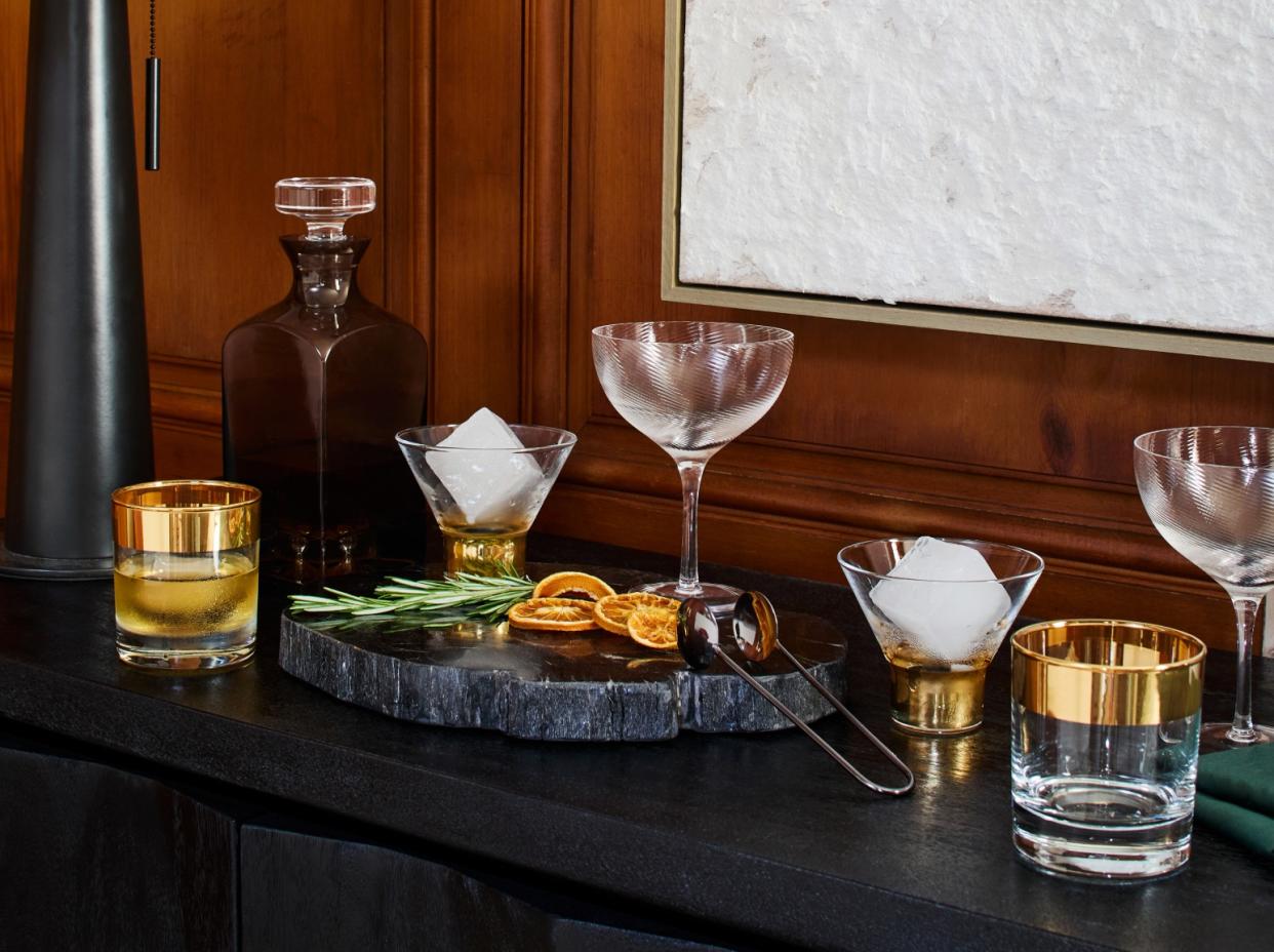  A festive home bar with cocktail glasses. 
