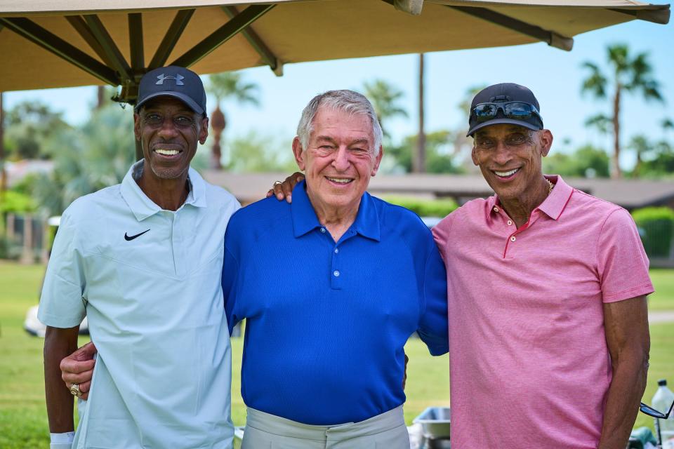 Oct 7, 2022; Litchfield Park, AZ, United States; (L-R) Charlie Scott, Jerry Colangelo and Mannie Jackson pose for a photo during the Jerry Colangelo Basketball Hall of Fame Golf Classic held at The Wigwam: Arizona Resort. Mandatory Credit: Alex Gould/The Republic