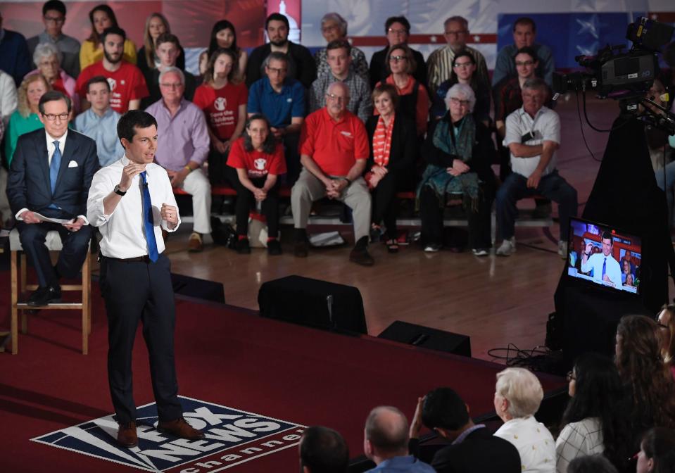 Democratic presidential candidate South Bend, Ind., Mayor Pete Buttigieg speaks during a FOX News Channel town hall moderated by Chris Wallace, Sunday, May 19, 2019, in Claremont, N.H.