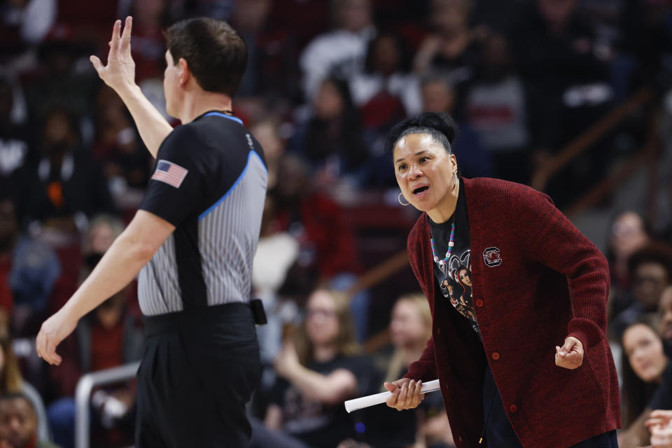 South Carolina head coach Dawn Staley argues a call during the first half of an NCAA college basketball game against Tennessee in Columbia, S.C., Sunday, March 3, 2024. (AP Photo/Nell Redmond)