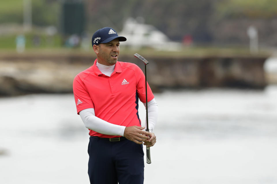 Sergio Garcia, of Spain, watches his putt on the 18th hole during the first round of the U.S. Open Championship golf tournament Thursday, June 13, 2019, in Pebble Beach, Calif. (AP Photo/Matt York)