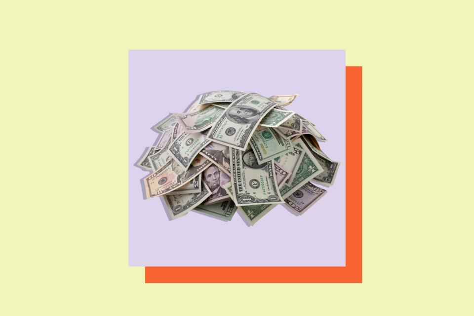 An image of a pile of money on a colorful background.