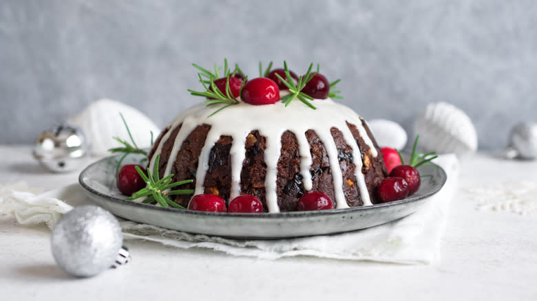 Christmas pudding with lots of sauce