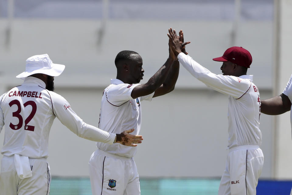 West Indies' Kemar Roach celebrates dismissing India's captain Virat Kohli for a first-ball duck during day three of the second Test cricket match at Sabina Park cricket ground in Kingston, Jamaica Sunday, Sept. 1, 2019. (AP Photo/Ricardo Mazalan)