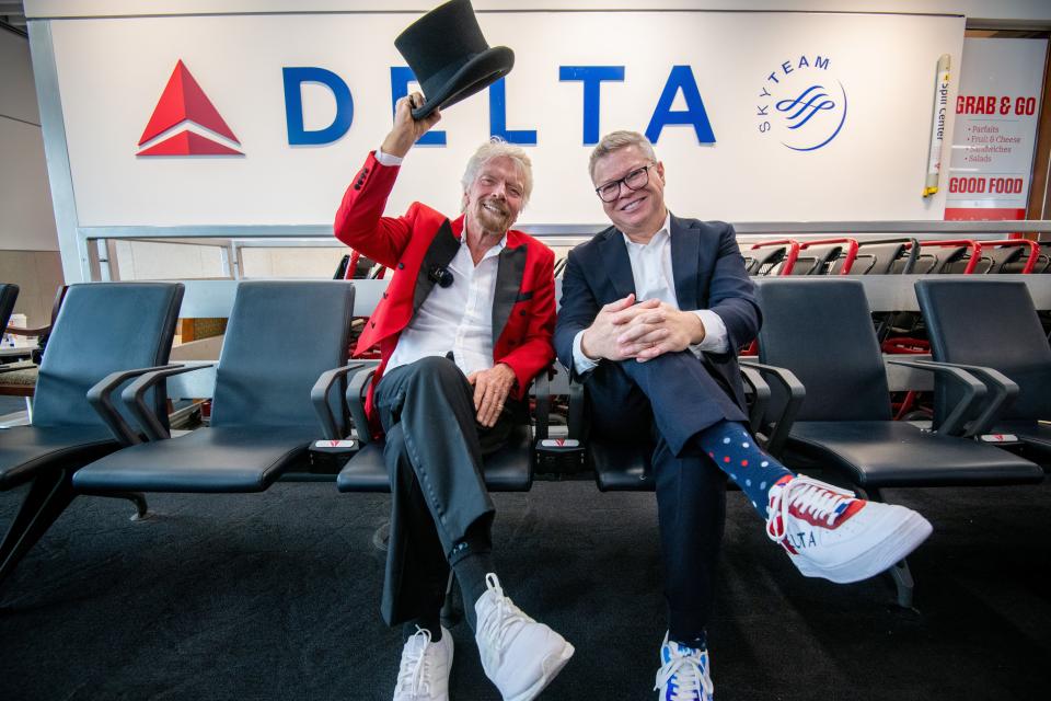 Delta Air Lines ane Virgin Voyages come together to give away a pair of tickets to each passenger on a flight to San Juan, Puerto Rico from Atlanta, Georgia at Hartsfield Jackson international Airport on Thursday February 29, 2024. (Chris Rank/ Rank Studios)