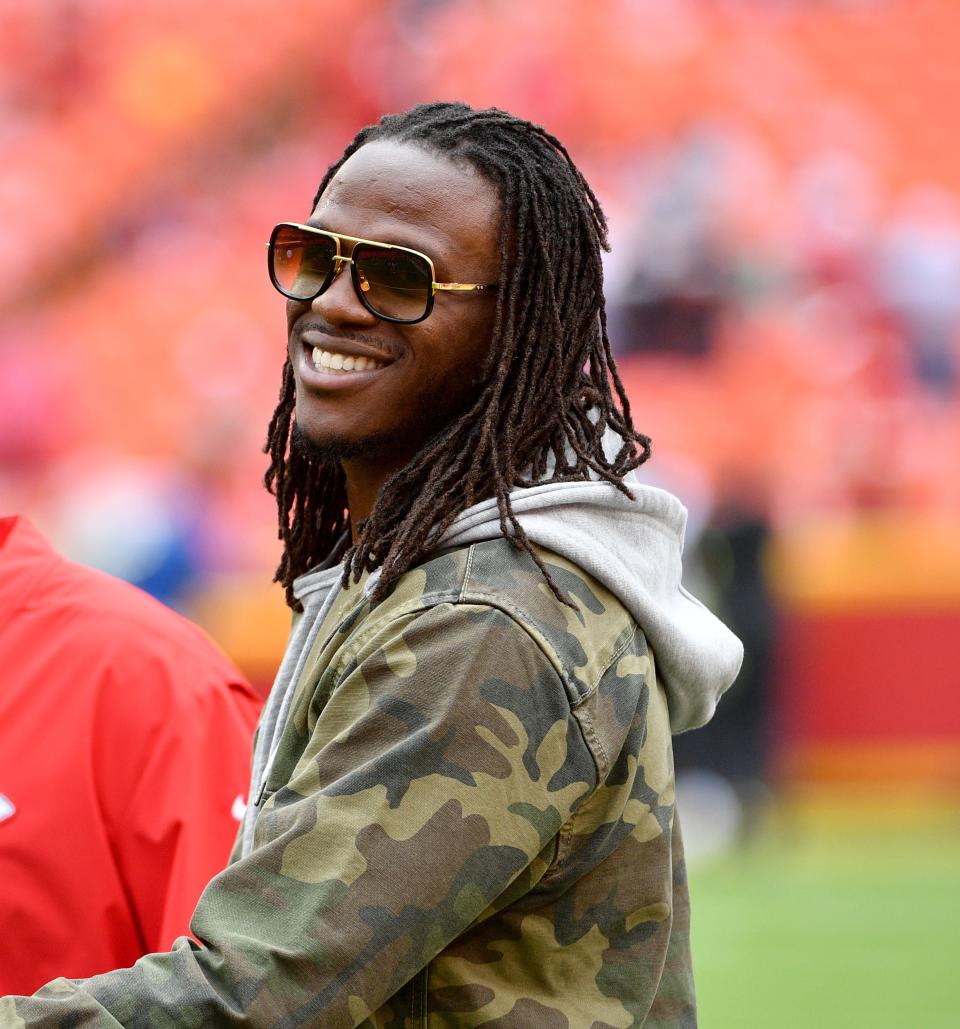 Sep 22, 2019; Kansas City, MO, USA; Former Kansas City Chiefs running back Jamaal Charles talks to friends on the field before the game against the Baltimore Ravens at Arrowhead Stadium. Mandatory Credit: Denny Medley-USA TODAY Sports