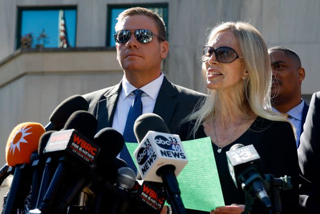 Beth Holloway, mother of long-missing teen Natalee Holloway, speaks to the media with her son Matt Holloway on Oct. 18, 2023, in Birmingham, Alabama.