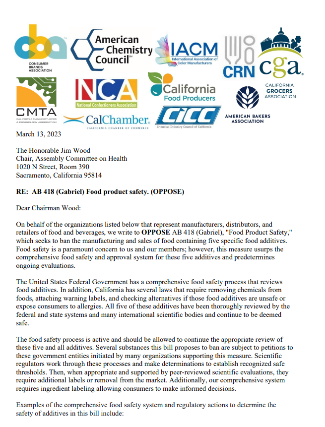 A letter signed by a number of food associations opposes banning five chemicals from foods in California.
