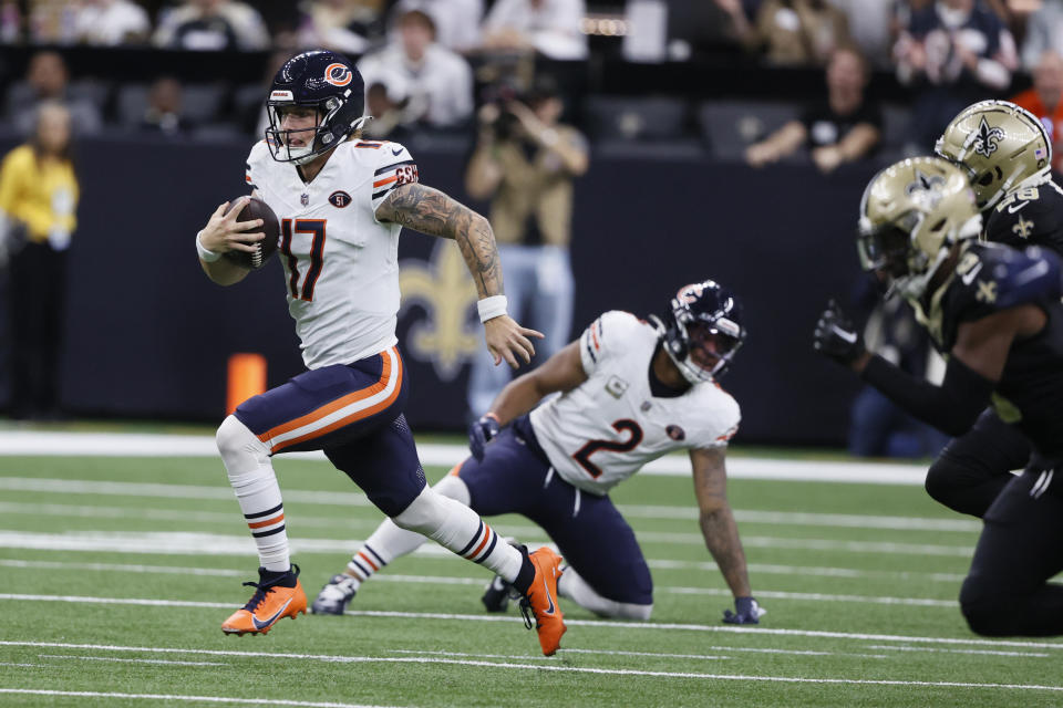 Chicago Bears quarterback Tyson Bagent (17) runs during the first half of an NFL football game against the New Orleans Saints in New Orleans, Sunday, Nov. 5, 2023. (AP Photo/Butch Dill)