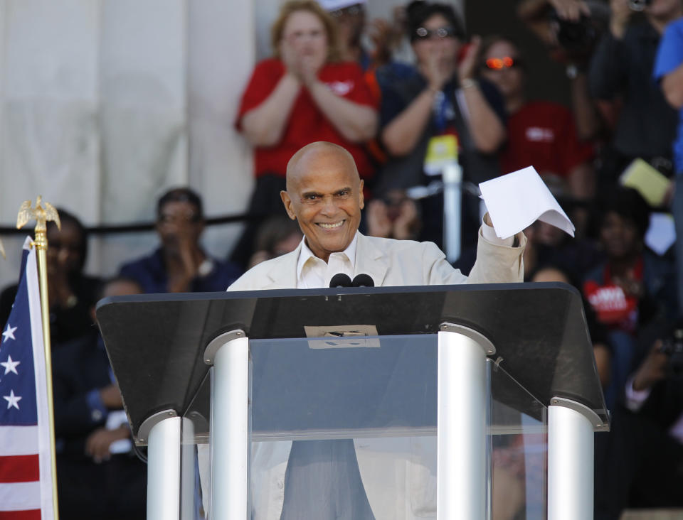 FILE - Singer and activist Harry Belafonte addresses the "One Nation Working Together" rally at the Lincoln Memorial to promote job creation, diversity and tolerance on Oct. 2, 2010, in Washington. Belafonte died Tuesday of congestive heart failure at his New York home. He was 96. (AP Photo/J. Scott Applewhite, File)