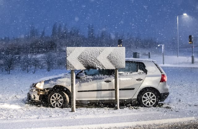 A crashed car near Leeming Bar in North Yorkshire after overnight snow