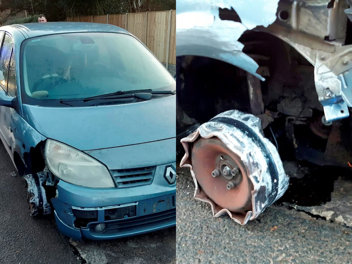 Images show the light blue Renault with no front right tyre. (SWNS/Nottinghamshire Roads Policing Unit)