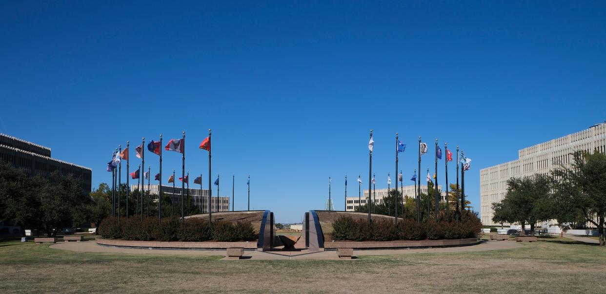 The Tribal Flag Plaza, which sits between two state office buildings north of the Oklahoma Capitol, was formally dedicated in 1996.