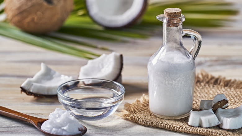 Fresh coconut chunks and coconut oil