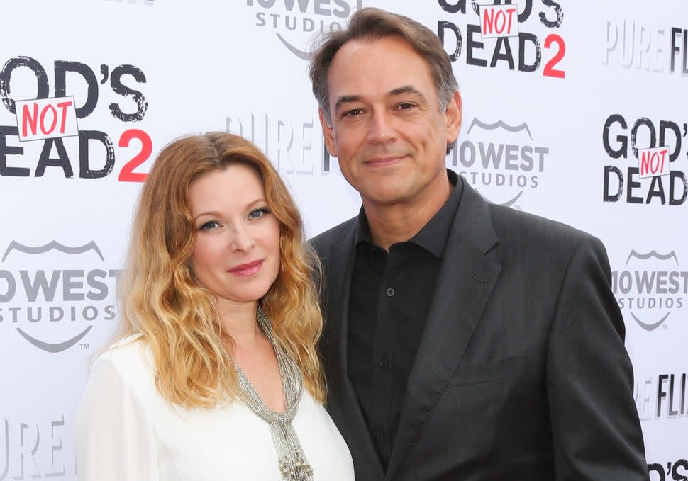 Actors Cady McClain (L) and Jon Lindstrom (R) attend the premiere of 