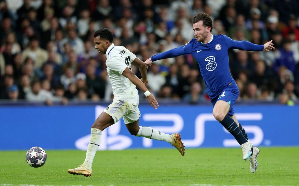Rodrygo of Real Madrid is fouled by Ben Chilwell of Chelsea, which results in a Red Card for Ben Chilwell, during the UEFA Champions League quarterfinal first leg match between Real Madrid and Chelsea - Getty Imag/Florencia Tan Jun