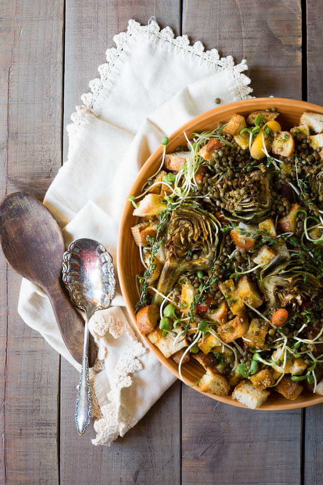 Panzanella is an Italian bread salad. That's right, BREAD SALAD. This version mixes in roasted artichokes, lentils, and a roasted garlic vinaigrette. Recipe: Autumn Panzanella 