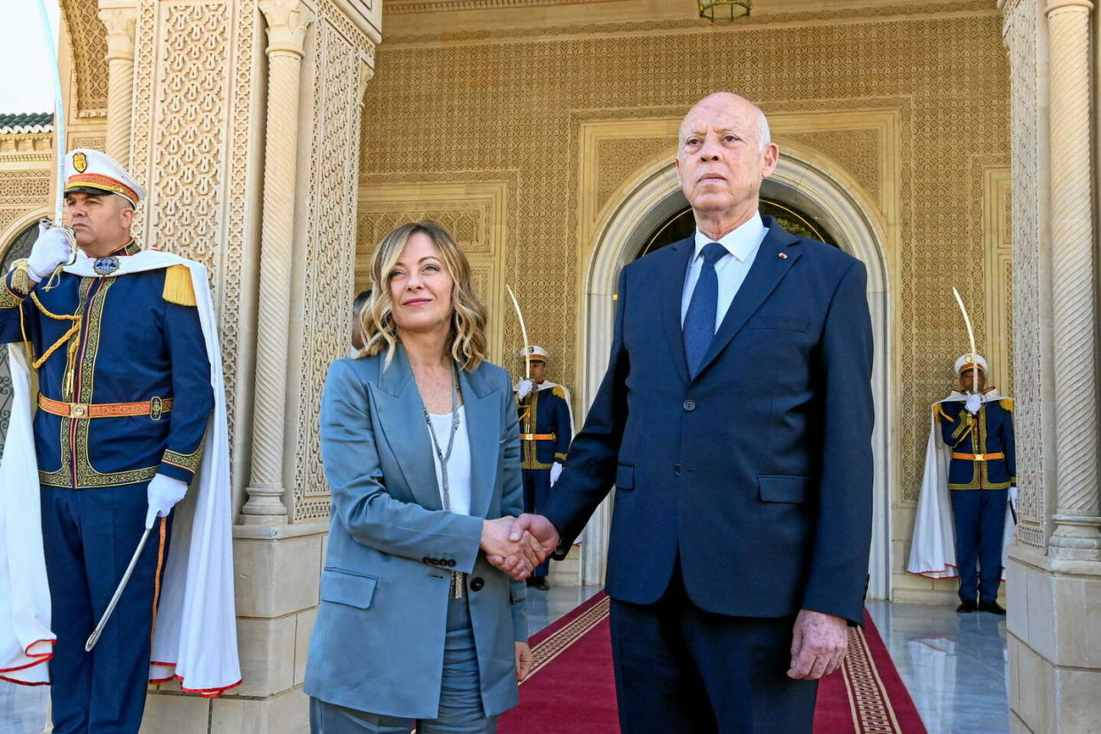 Kaïs Saïed, le président de la République tunisienne, reçoit au Palais de Carthage Giorgia Meloni, la cheffe du gouvernement italien, qui effectue sa quatrième visite en Tunisie en moins d'un an.  - Credit:Zuma / Zuma/ABACA