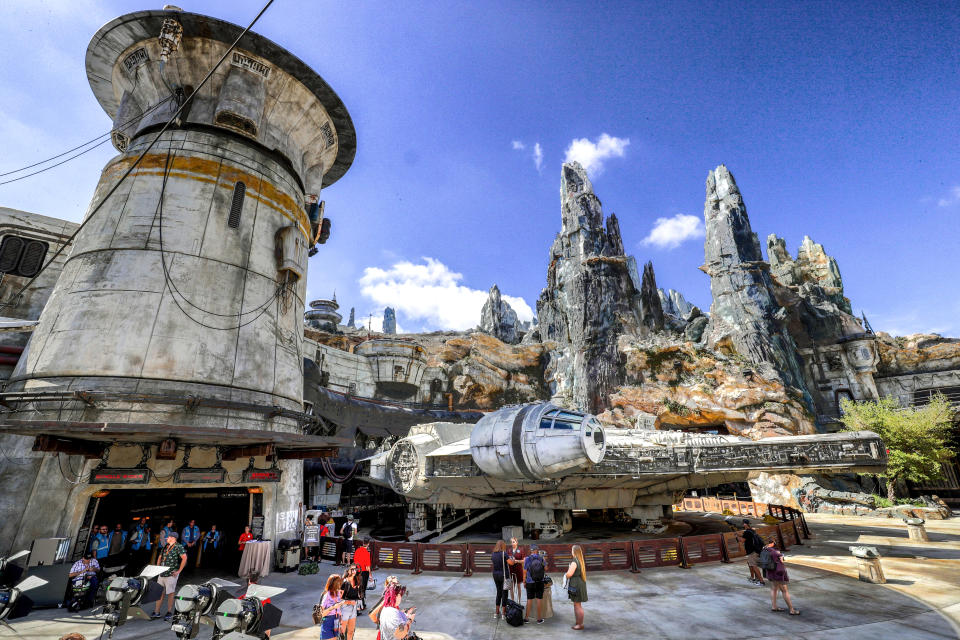 Scenes of the Millennium Falcon at Black Spire Outpost during a sneak peek for invited guests of the Star Wars: Galaxys Edge attraction at Disneys Hollywood Studios in Lake Buena Vista, Fla., Tuesday, August 27, 2019. The Star Wars themed land at Disney World officially opens on Thursday. (Joe Burbank/Orlando Sentinel/Tribune News Service via Getty Images)