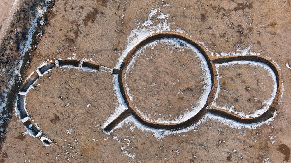  An aerial view of a prehistoric construction in France. 