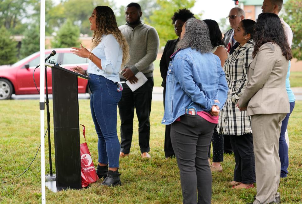 Brittany Price, the mother of a third-grade student in Columbus City Schools, speaks Tuesday, Sept. 12, 2023 at a district press conference in front of Hamilton STEM Academy to urge district voters to support the 7.7-mill levy on the Nov. 7 general election ballot.