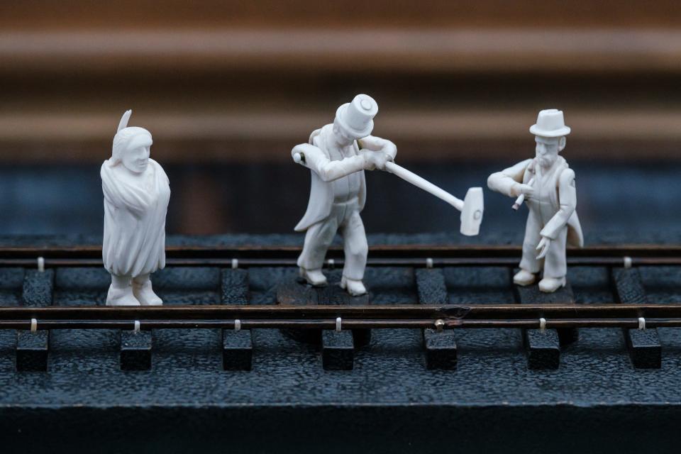 The Driving of the Golden Spike Ceremony is one of many ivory carvings of Ernest Warther, that can be seen in newly updated displays at the Ernest Warther Museum & Gardens in Dover.