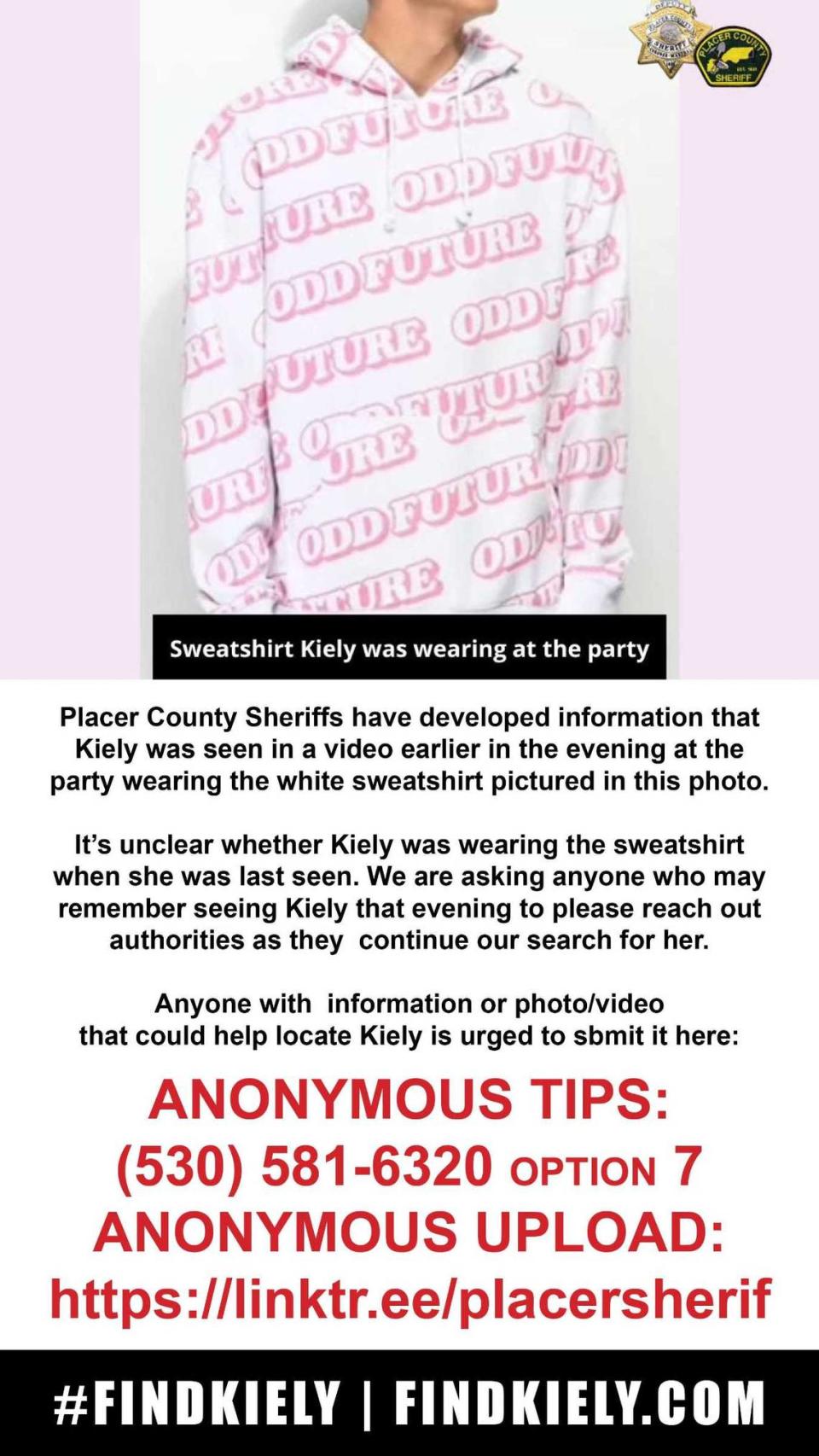 Newly obtained video showed Kiely Rodni was wearing a white sweatshirt emblazoned with the name of hip-hop band Odd Future in the hours before she vanished from a party at Prosser Family Campground, Placer County Sheriff’s officials said.