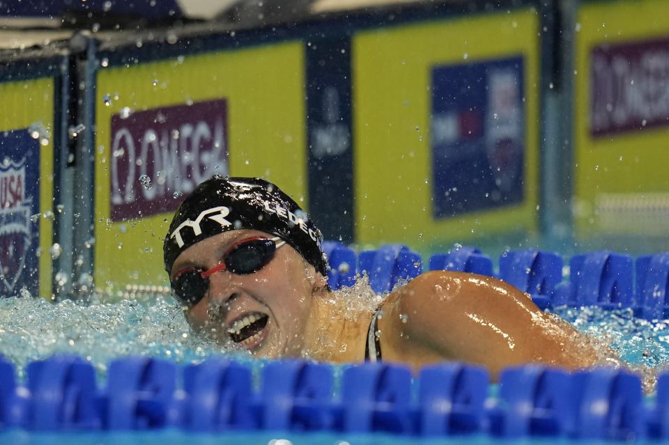Katie Ledecky reacts after winning in the women's 200 freestyle during wave 2 of the U.S. Olympic Swim Trials on Wednesday, June 16, 2021, in Omaha, Neb. (AP Photo/Jeff Roberson)
