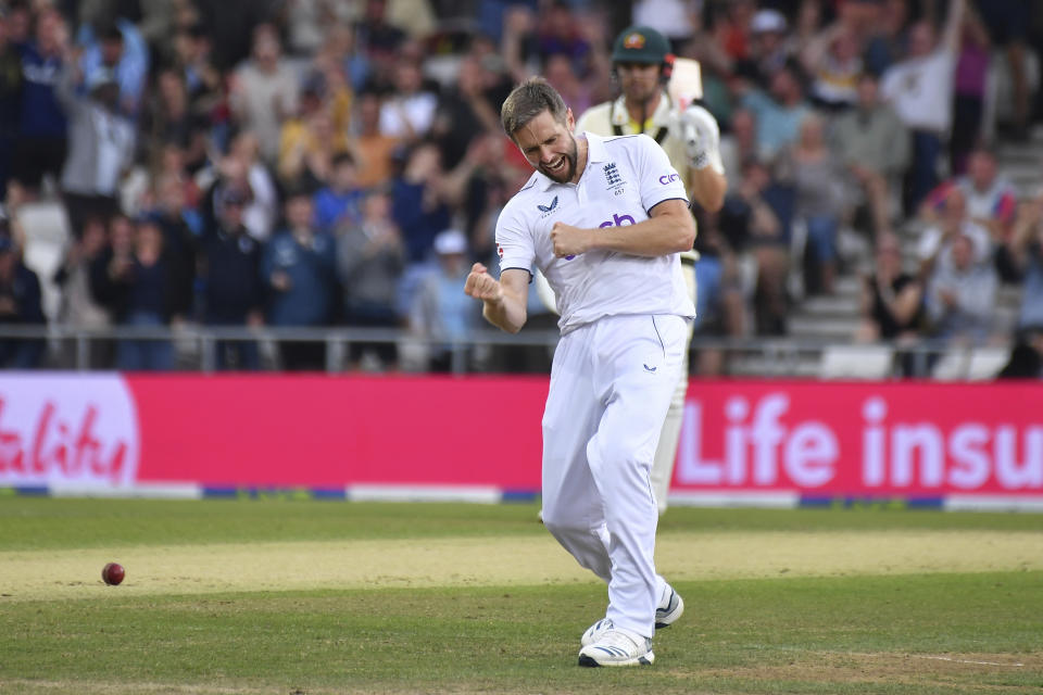 England's Chris Woakes celebrates after dismissing Australia's Alex Carey during the third day of the third Ashes Test match between England and Australia at Headingley, Leeds, England, Saturday, July 8, 2023. (AP Photo/Rui Vieira)