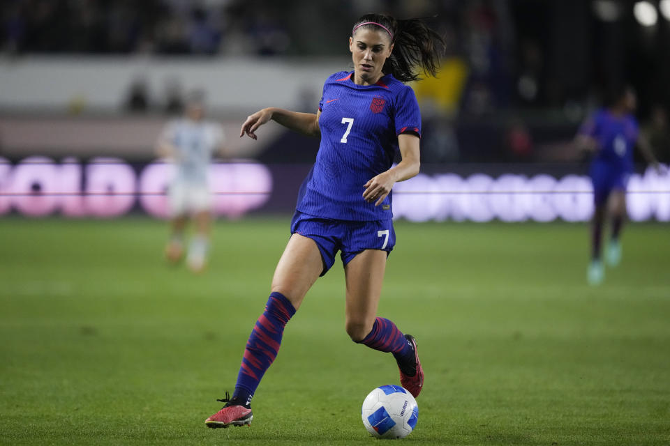 U.S. forward Alex Morgan controls the ball during the first half of the team's CONCACAF Gold Cup women's soccer tournament match against Argentina, Friday, Feb. 23, 2024, in Carson, Calif. (AP Photo/Ryan Sun)