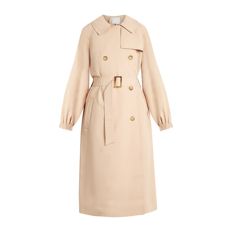 <a rel="nofollow noopener" href="http://rstyle.me/n/cka6d5jduw" target="_blank" data-ylk="slk:Notch-Lapel Double-Breasted Twill Trench Coat, Tibi, $1025;elm:context_link;itc:0;sec:content-canvas" class="link ">Notch-Lapel Double-Breasted Twill Trench Coat, Tibi, $1025</a>