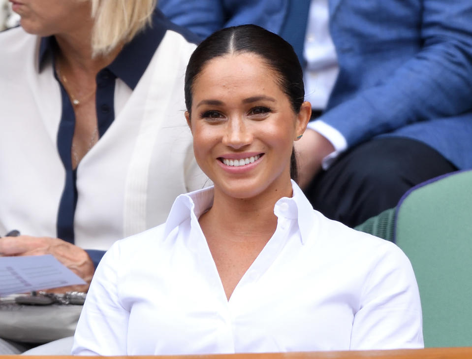 LONDON, ENGLAND - JULY 13: Meghan, Duchess of Sussex attends the Women's Singles Final of the Wimbledon Tennis Championships at All England Lawn Tennis and Croquet Club on July 13, 2019 in London, England. (Photo by Karwai Tang/Getty Images)