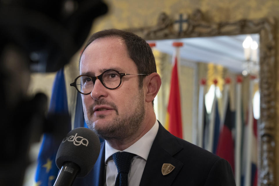 Belgium's Justice Minister Vincent Van Quickenborne is interviewed in Amsterdam, Netherlands, Friday, Oct. 7, 2022, after ministers and delegates from six European nations met to discuss ways of stepping up the fight against organized crime that they warn is undermining society. (AP Photo/Peter Dejong)