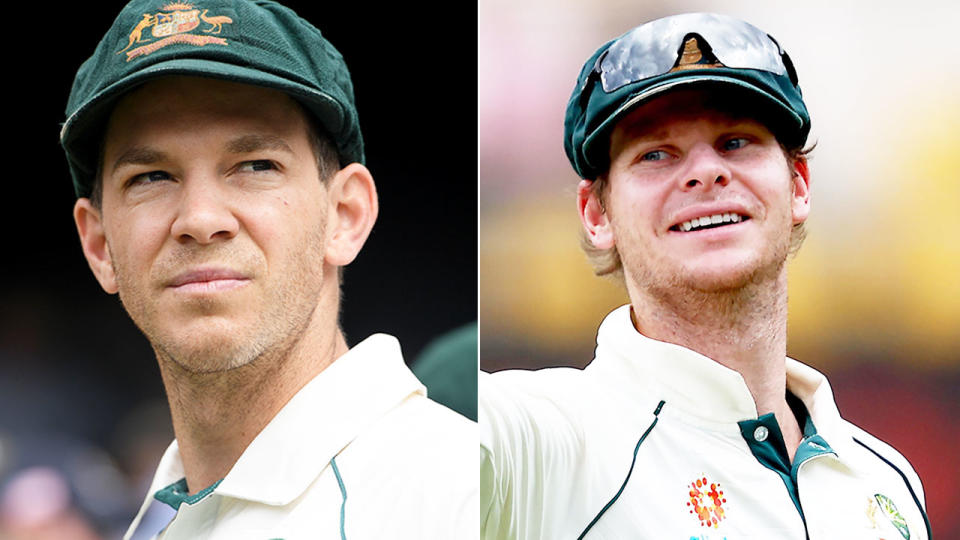 Pictured here, current and former Australia cricket captains Tim Paine and Steve Smith.