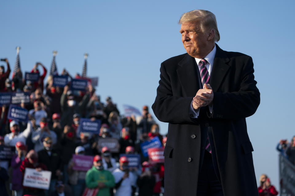 President Donald Trump arrives for a campaign rally at Bemidji Regional Airport, Friday, Sept. 18, 2020, in Bemidji, Minn. (AP Photo/Evan Vucci)