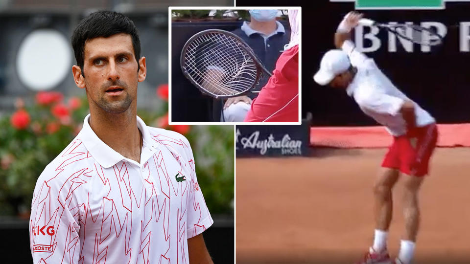 Pictured here, Novak Djokovic smashed a racquet in his Italian Open quarter-final win.