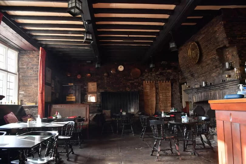 The Skirrid Inn, Llanvihangel, Abergavenny, which is a former courthouse and  Wales' oldest and most haunted pub.
Bar area