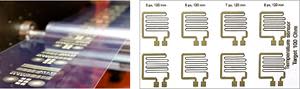 Roll-to-roll printing of temperature sensors using PV Nano Cell Sicrys™ I50TM-119 silver ink on PET substrate, with MicroFlex R2R system (Ricoh MH5421MF).  Print width: 54.1 mm.