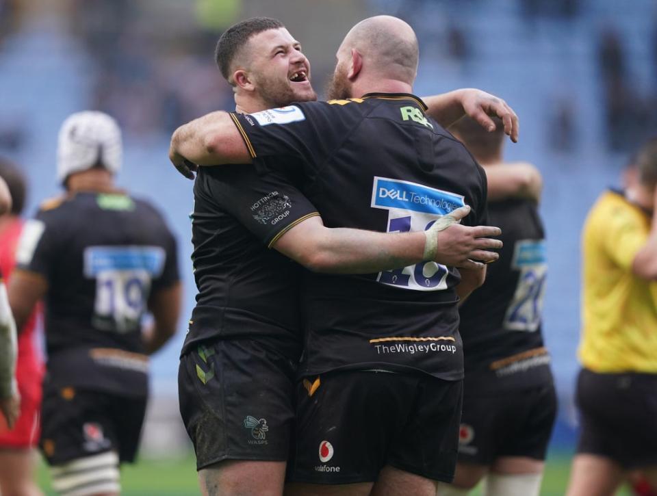 Wasps pair Alfie Barbeary (left) and Pieter Scholtz celebrate the 30-22 European Champions Cup victory over reigning holders Toulouse, despite having Jacob Umaga sent off after 33 minutes (Mike Egerton/PA) (PA Wire)