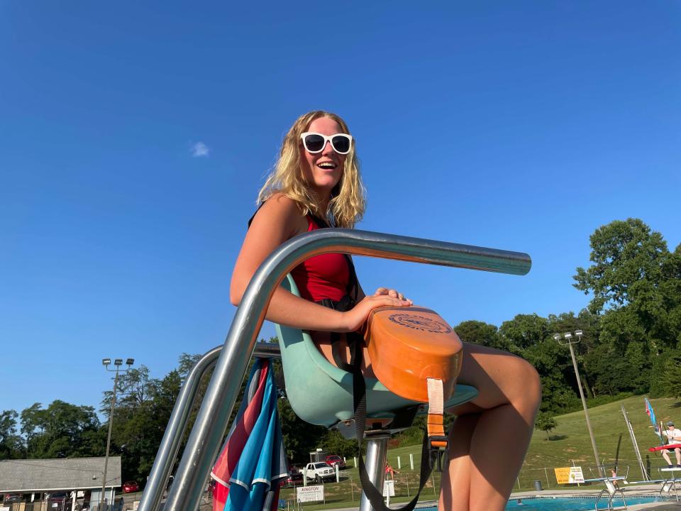 Lifeguard Kate Stinnett, 16, said she didn’t mind pulling extra duty for the summer pool party hosted by Beaver Ridge United Methodist Church held at the Karns Lions Club Community Pool Saturday, July 16, 2022.