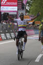 Jhonatan Narváez celebrates as he cycles to the finish line to win the stage 1 of the Giro d'Italia from Venaria Reale to Turin, Italy, Saturday May 4, 2024. (Gian Mattia D'Alberto/LaPresse via AP)