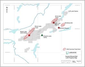 Labrador Uranium Properties in the Central Mineral Belt (Labrador) highlighting the locations of the 2022 Moran Lake Drilling and groundwork.