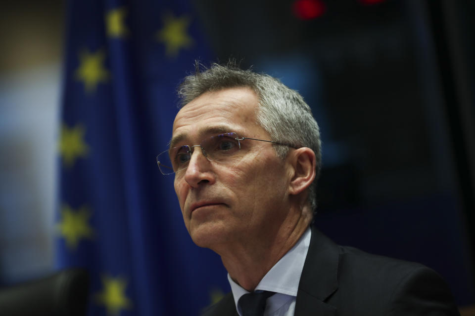 NATO Secretary-General Jens Stoltenberg addresses European Parliament Foreign Affairs committee members at the European Parliament in Brussels, Tuesday, Jan. 21, 2020. Stoltenberg told lawmakers that NATO needs to beef up its military training operation in Iraq once the government in Baghdad requests that it resume work. (AP Photo/Francisco Seco)