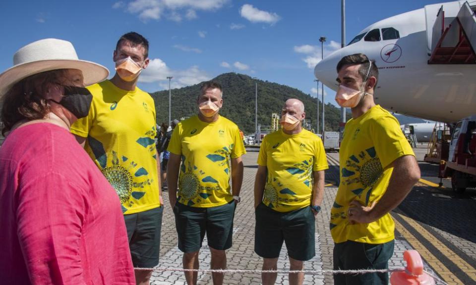 Athletes and officials of Australia’s Olympic team for the Tokyo Olympics are farewelled by Gina Rinehart at Cairns airport