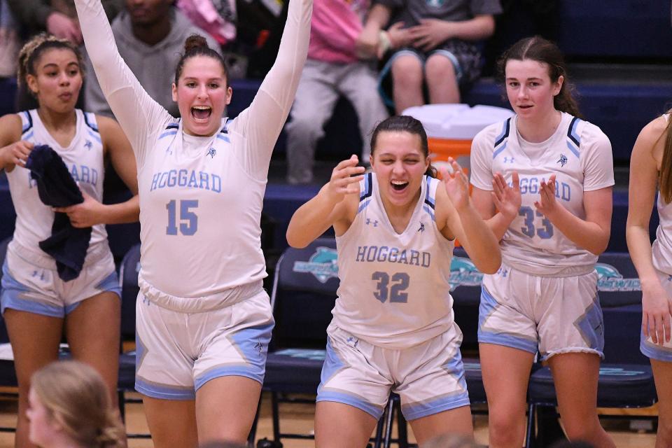 Hoggard celebrates after they won the MEC Tournament Championship game 57-18 at Brunswick County Community College Friday Feb. 23, 2024 in Bolivia, N.C. KEN BLEVINS/STARNEWS