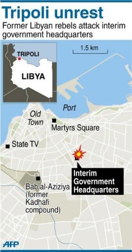 A map of entral Tripoli locating the headquarters of Libya's interim government. Libyan security forces repelled armed demonstrators who had surrounded and stormed government headquarters in Tripoli, a senior official said, adding one person was killed in clashes