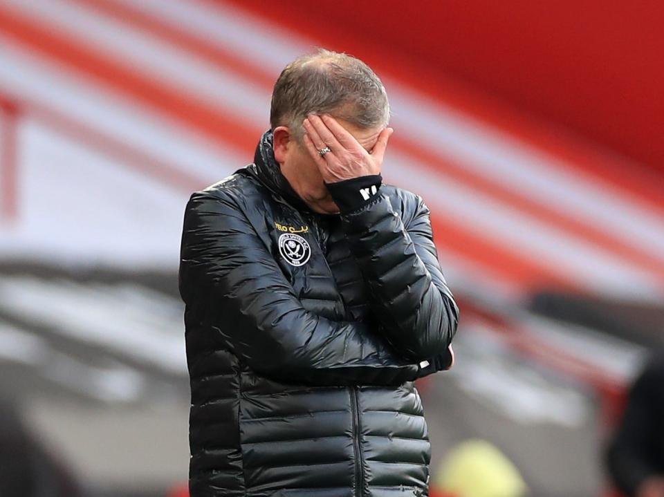 Sheffield United coach Chris Wilder reacts during his side’s defeat by Southampton (Getty Images)