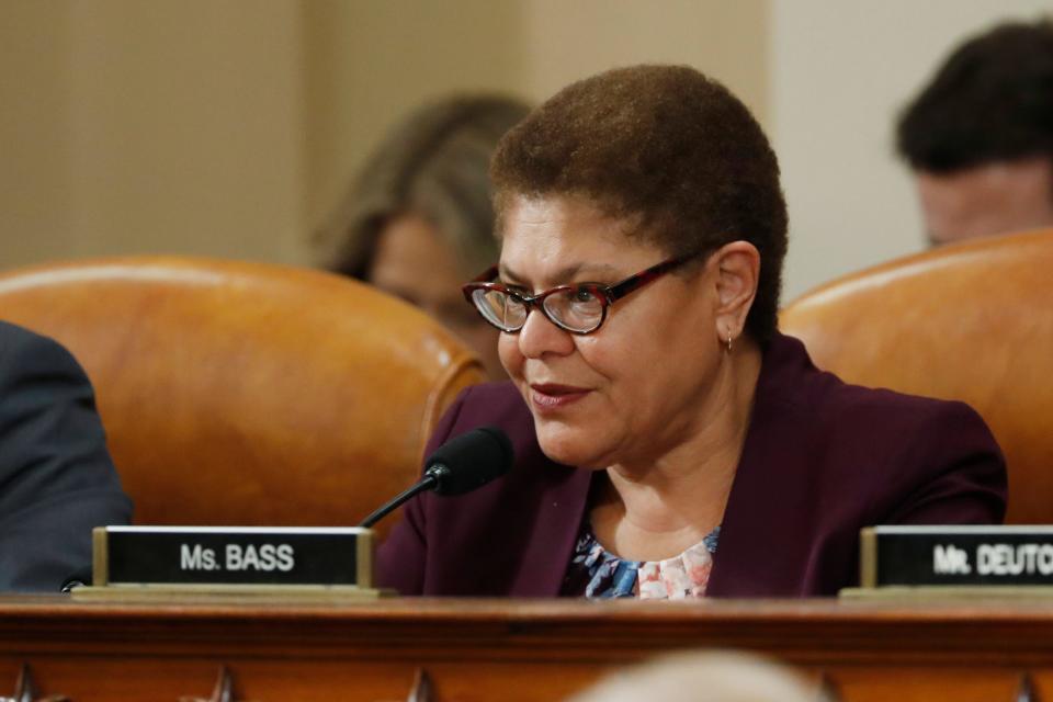 Rep. Karen Bass, D-Calif., speaks as the House Judiciary Committee hears investigative findings in the impeachment inquiry of President Donald Trump, Monday, Dec. 9, 2019, on Capitol Hill in Washington.