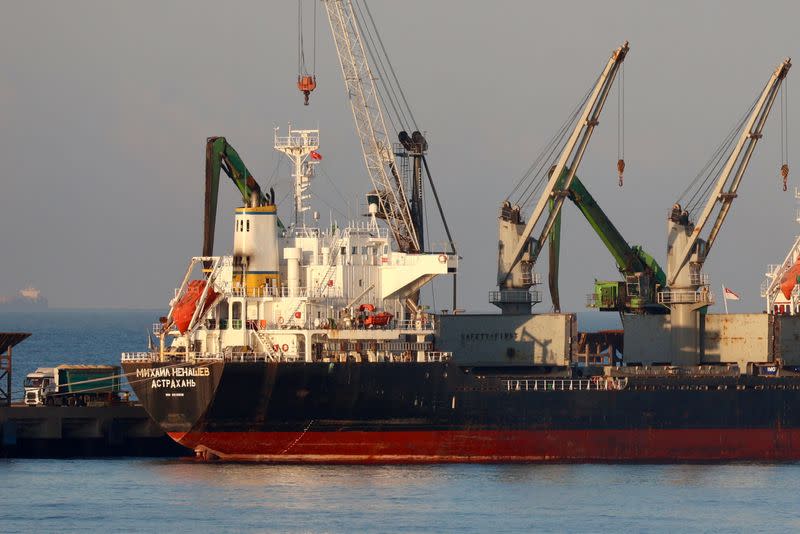 El granelero de bandera rusa Mijaíl Nenashev es descargado en el puerto MMK de Dortyol, cerca de la ciudad mediterránea de Iskenderun, Turquía